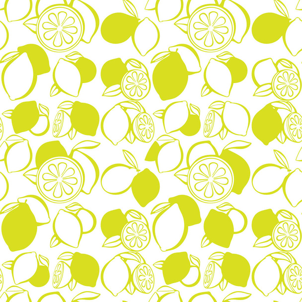 レモンのシームレスなパターン。柑橘類の無限の背景。印刷、繊維、包装紙、壁紙カバーとデザインのためのレモンの背景テクスチャ。集合の一部. - ベクター画像