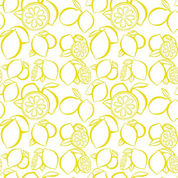 レモンのシームレスなパターン。柑橘類の無限の背景。印刷、繊維、包装紙、壁紙カバーとデザインのためのレモンの背景テクスチャ。集合の一部. - ベクター画像