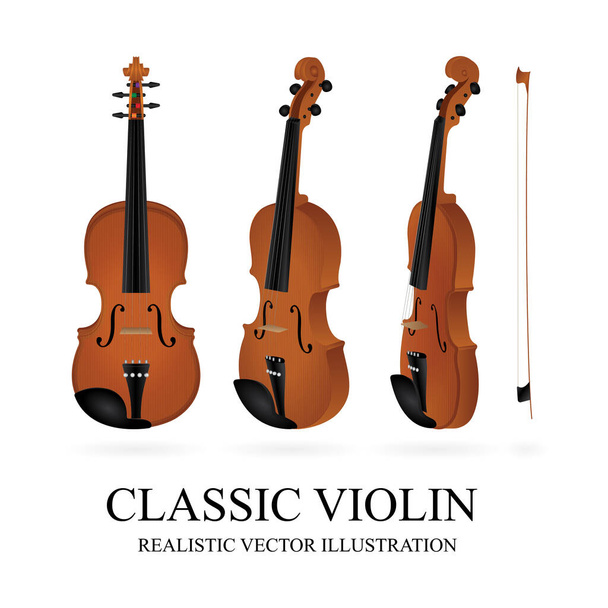 Viool. Klassieke Viool en boog vector illustraties set. Realistisch orkest viool. Vintage muziekinstrument. Deel van de verzameling. - Vector, afbeelding