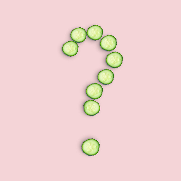 Cucumber slices in the shape of a question mark isolated on a pink background. The problem of nutrition, the choice of an alternative diet, questions about a healthy diet. Square Top view. - Foto, imagen