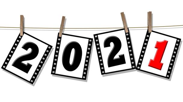 Year change 2021 -フィルムストリップの数が紐にかかっている-白い背景に隔離された- 3Dイラスト - 写真・画像