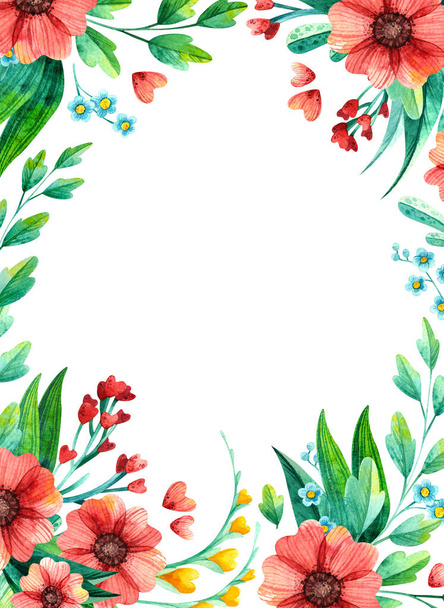 明るい春の花の手描きイラストと空のフレーム。植物の境界線水彩画。白の背景に隔離された花束と縦の空白のフレーム - 写真・画像