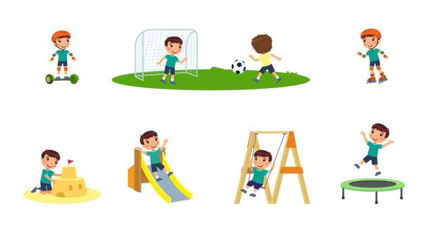 Little boy plays in the playground. Concept of summer entertainment. Child plays different summer games.  Sport and recreation. Cartoon character, flat vector illustration set. - Vector, Image
