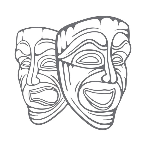 Tiyatro maskeleri. Komedi ve trajedi, el yapımı vektör illüstrasyonunu maskeler. Mutlu ve üzgün maske çizimi. - Vektör, Görsel