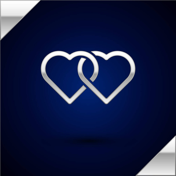 Silver Two Linked Hearts icoon geïsoleerd op donkerblauwe achtergrond. Romantisch symbool gekoppeld, meedoen, passie en bruiloft. Valentijnsdag. Vector Illustratie. - Vector, afbeelding