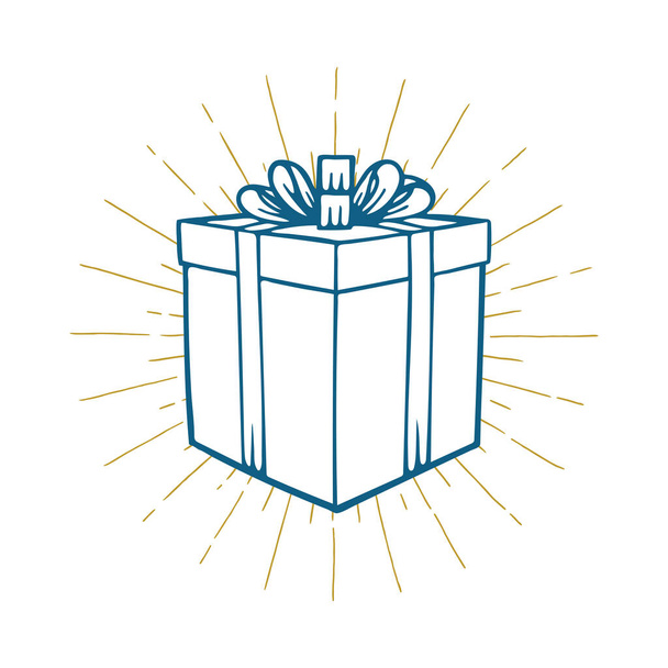 Geschenkbox vorhanden. Handgezeichnete Vektor-Geschenkbox mit Lichtstrahlen. Geschenkkarton mit Skizze des Glanzes. Teil des Sets.  - Vektor, Bild