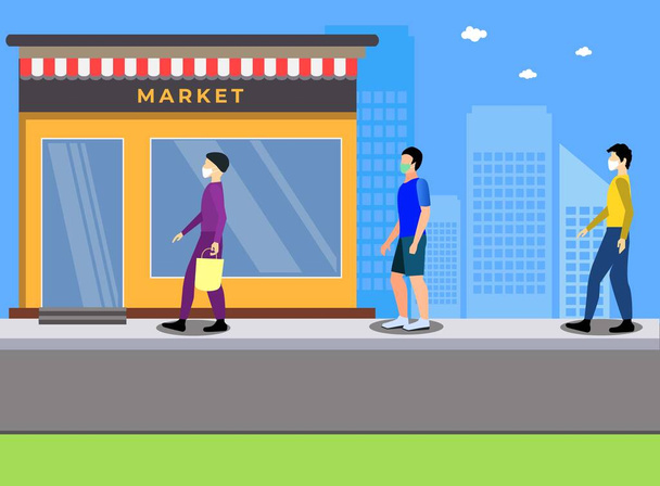 Соціальні заходи - Люди, що вишиковуються на вулиці, купують предмети на ринку
 - Вектор, зображення
