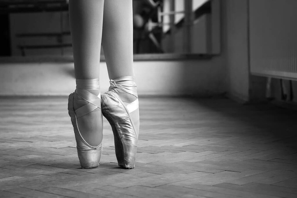 Πόδια μιας μπαλαρίνας στο pointes. Κοντινό πλάνο. Ασπρόμαυρη φωτογραφία. Κλασικοί χοροί. Κατάρτιση. - Φωτογραφία, εικόνα