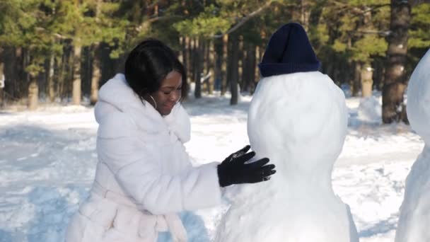 afro-americano ragazza fa pupazzo di neve tra inverno natura - Filmati, video