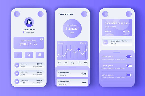 Online banking unique neomorphic design kit. Smart finance app with manage transactions and view account activities. Financial management UI, UX template set. GUI for responsive mobile application. - Vector, Image