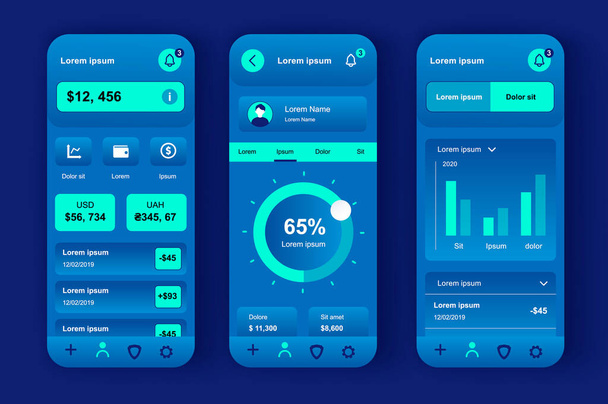 Finance services unique neomorphic design kit for mobile app. Credit card balance, checking account, transaction confirmation. Online banking UI, UX template set. GUI for responsive mobile application - Vector, Image