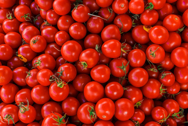 Orgaaniset tomaatit. Tuoreet luonnonmukaiset tomaatit markkinoilla. - Valokuva, kuva
