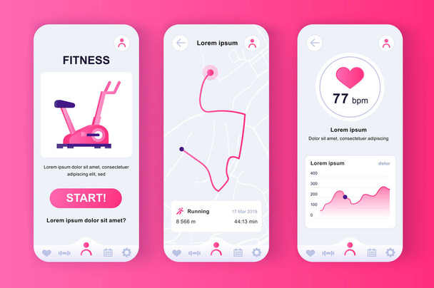 Fitness workout unieke neomorfe roze design kit voor mobiele app. Fitness tracker met looproute planner en hartslagmeter. Sport UI, UX template set. GUI voor responsieve mobiele applicatie. - Vector, afbeelding
