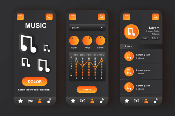 Music player unique neomorphic black design kit. Audio app with equalizer settings, compositions playlist and search bar. Music listening UI, UX template set. GUI for responsive mobile application. - Вектор,изображение