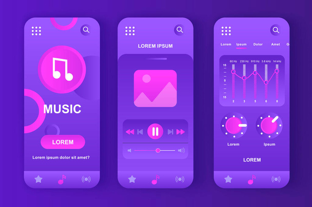 Hudební přehrávač jedinečný neomorfní fialový design kit pro. Audio aplikace s hudebním tracklist navigace, grafické ekvalizéry obrazovky. Uživatelské rozhraní pro poslech hudby, nastavena šablona UX. GUI pro responzivní mobilní aplikaci. - Vektor, obrázek