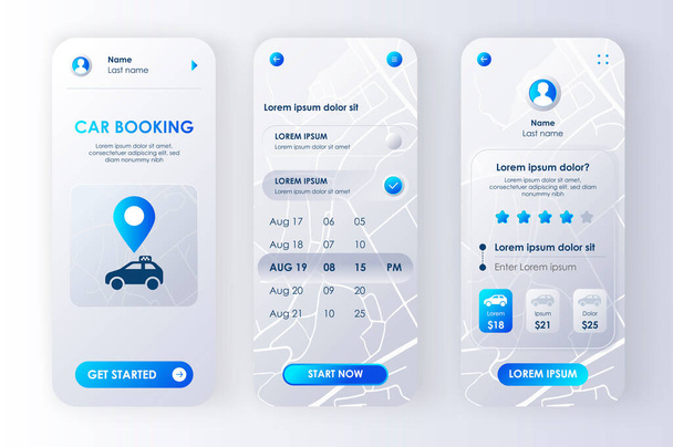Car booking unique neomorphic design kit for app. Car sharing service UI, UX template set. Online rent car screens with prices, calendar planner and rating. GUI for responsive mobile application. - Vector, Image