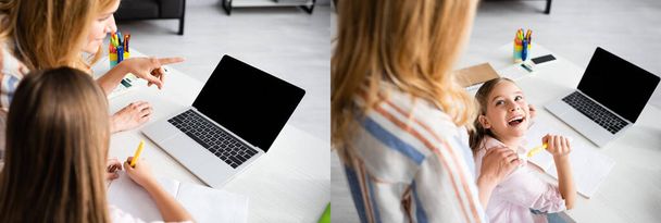 Колаж матері, що вказує пальцем на ноутбук і приймає усміхнену дитину під час онлайн-освіти
  - Фото, зображення