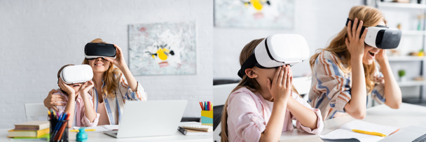 Collage of smiling mother and excited daughter using vr headsets near stationery on table  - Foto, Imagem