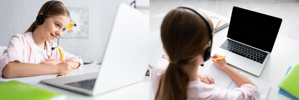 Collage di bambino sorridente in cuffia che scrive sul taccuino durante l'apprendimento elettronico a casa  - Foto, immagini