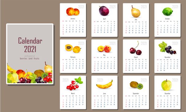 WebEnglish-language calendar for 2021 with polygonal fruits and berries. - Vektor, Bild