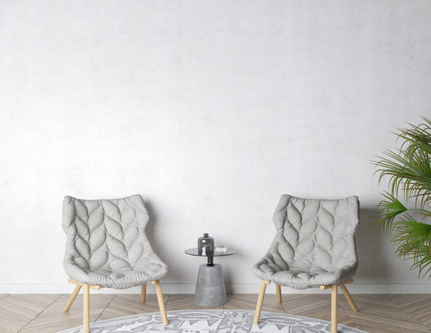 Сучасний дизайн інтер'єру вітальні, два сірих стільці, килим і зелена рослина на порожньому фоні, 3D рендеринг
 - Фото, зображення
