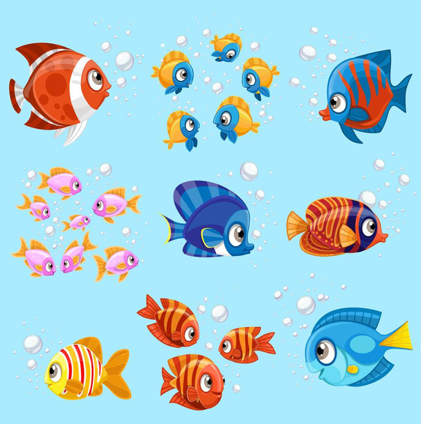 青い背景に設定された漫画の海魚 - ベクター画像