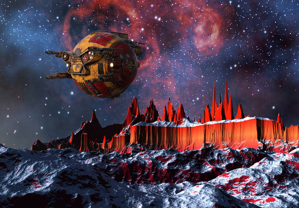 3D renderowany dron Fantasy przelatujący nad obcym krajobrazem - Ilustracja 3D - Zdjęcie, obraz