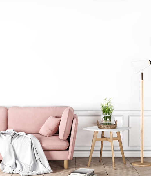 Hangulatos belső modell üres fehér falon, rózsaszín kanapé nappaliban, skandináv stílus, 3D Render, 3D illusztráció - Fotó, kép