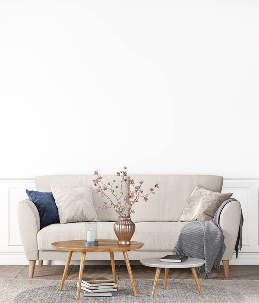 白のモダンなリビングルームのインテリア背景、ベージュのソファ、木製のテーブルと北欧のエレガントなホームアクセサリーリビングスタイル、 3Dレンダリング、 3Dイラスト - 写真・画像