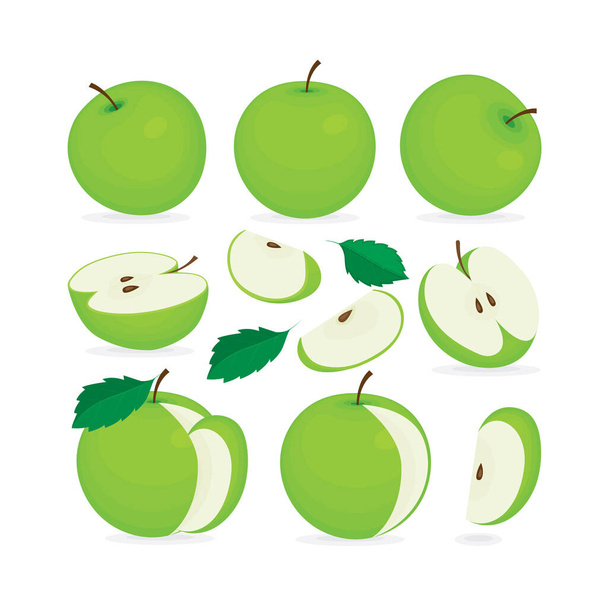 Zielone jabłko. Zielone jabłka wektor ilustracje zestaw. Jabłka w różnych pozycjach i warunkach. Część zestawu. - Wektor, obraz