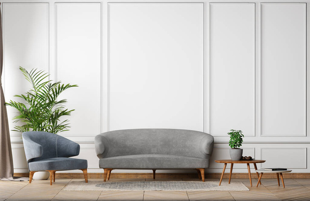 Mock up üres fal Stílusos új klasszikus belső fehér háttér, kék fotellel a nappaliban, modern stílus, 3D render, 3D illusztráció - Fotó, kép