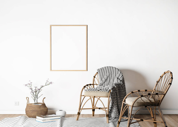 北欧スタイルのポスターフレームをモックアップ,シングル垂直木製フレーム,白い背景にグレーで再生された2つの木製籐の椅子3Dレンダリング - 写真・画像