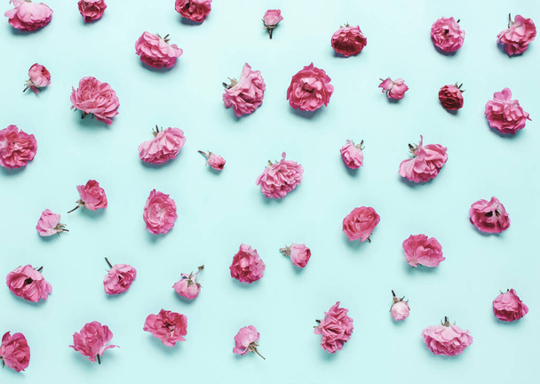 Komposition aus Korallen, rosa Blüten, Rosen auf blauem Hintergrund. Natürlicher Festbriefkopf. Weicher Fokus - Foto, Bild