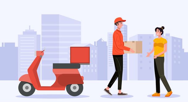 Delivery man delivering a package from young woman. Vector - Vector, Image