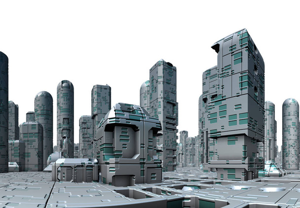 3D renderöity futuristinen kaupunki valkoisella taustalla - 3D-kuvitus - Valokuva, kuva
