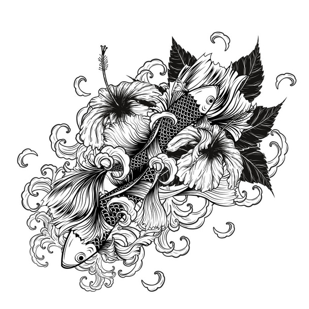 Koi vis en Hibiscus tatoeage met de hand tekenen.Tattoo kunst zeer gedetailleerd in lijn kunst stijl. - Vector, afbeelding