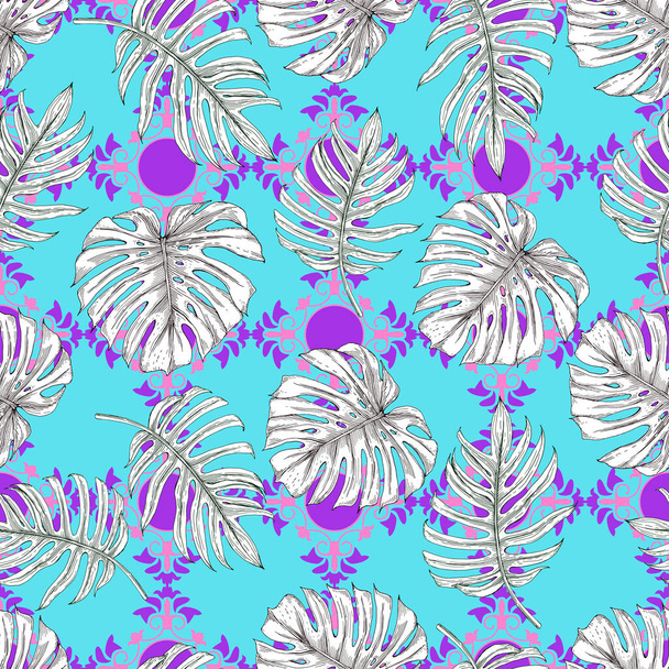 Banana leaves and monstera leaves on a blue background with a lilac ornament. Trendy seamless print with elements of nature. - Διάνυσμα, εικόνα