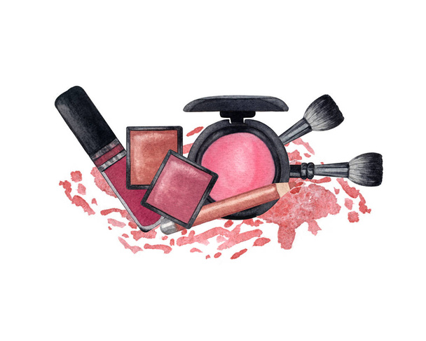 Aquarell Make-up-Produkte. Handgezogene Kosmetik-Set aus Perlpuder, Pinsel, Puder. - Foto, Bild