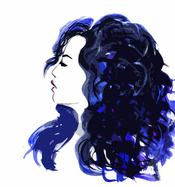 Pelo grueso, rizado y azul en la cabeza de una mujer
 - Foto, imagen