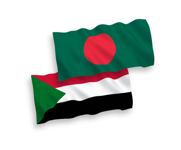 National vector fabric wave flags of Sudan and Bangladesh isolated on white background. 1 to 2 proportion. - Vector, Image