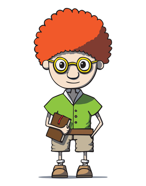 Funny cartoon redhead nerd genius in glasses with book - Vector, Image