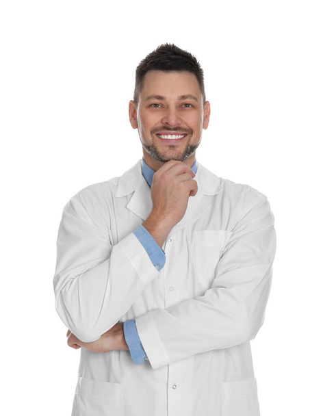 Happy man in lab coat on white background - Photo, Image
