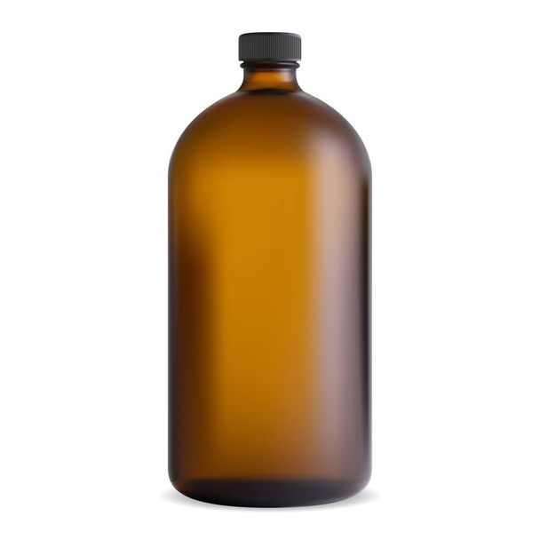 Καφέ γυάλινο μπουκάλι. Βάζο με σιρόπι. Φαρμακευτικό σκεύασμα βιταμινών. Κίτρινο χημικό πρότυπο με βιδωτό πώμα vintage σχέδιο διαφανές 3d φιαλίδιο. Καλλυντικό σαμπουάν, χυμός spa - Διάνυσμα, εικόνα