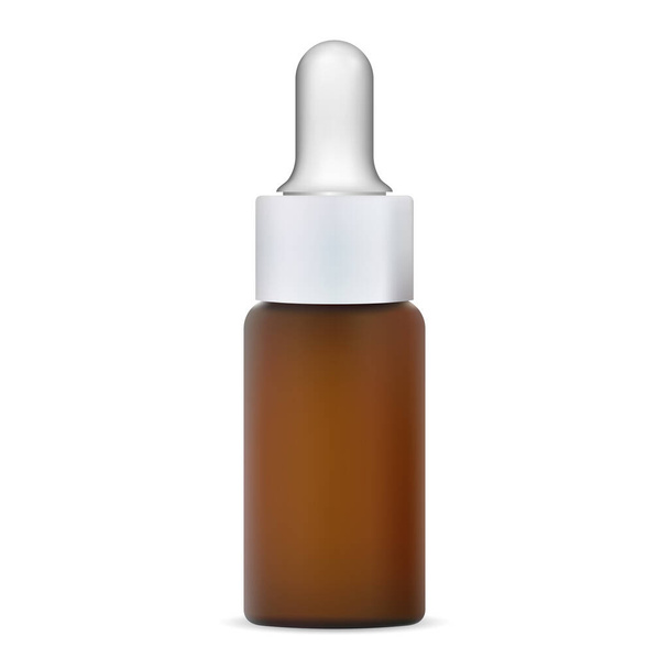 Essential oil bottle. Dropper vial for serum essence. Organic herb beauty brown flask with eyedropper cap. Realistic amber glass pharmacy container for liquid medicine treatment - Vector, Image