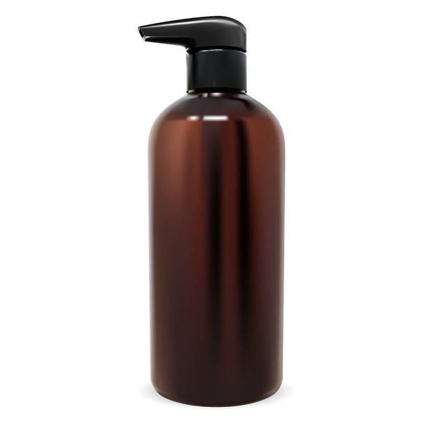 Mockup bottiglia pompa. Confezione erogatore marrone per shampoo o sapone. Tubo di plastica ambra modello 3D realistico per la pelle o gel corpo o trattamento medico. Contenitore igienizzante - Vettoriali, immagini