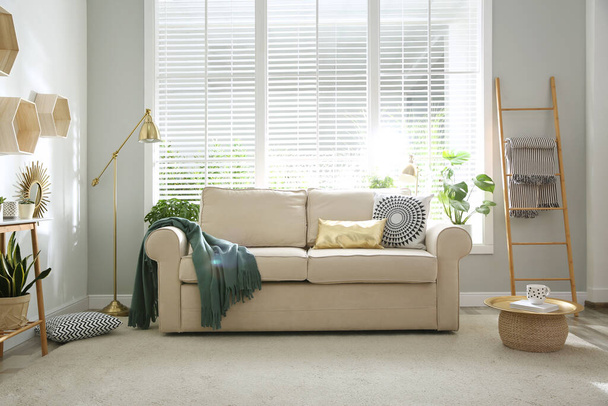 Stylish beige sofa in modern living room interior - Zdjęcie, obraz