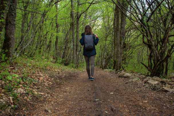 A girl with a backpack is walking through the forest. One tourist in the forest. Healthy lifestyle. Traveling alone. Summer holiday. Beautiful green forest with a path. Concept of Hiking. - Fotó, kép