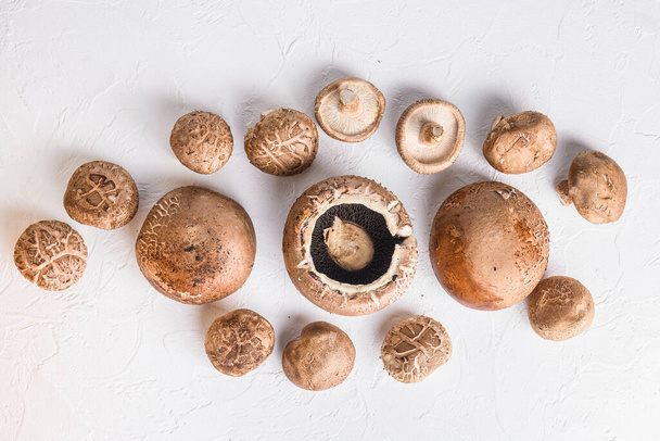 Cogumelos shiitake e portobello no fundo branco. Vista superior
 - Foto, Imagem