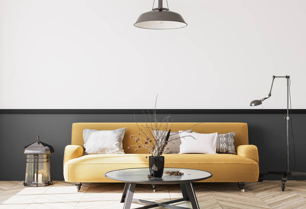 Canapé moderne jaune au design tendance. Élégant salon gris avec table basse en bois noir. Éclairage au sol et plafond rétro. Modèle de modèle - Photo, image