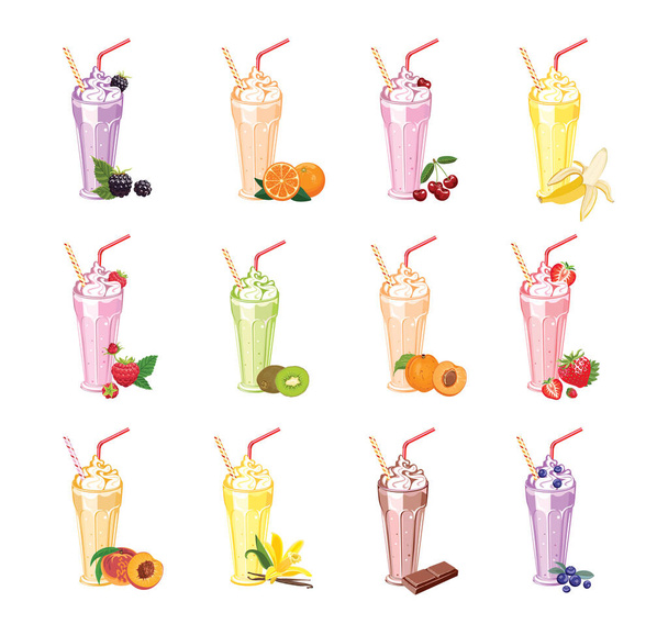 Milkshakes in glasses set. Summer sweet drinks with different berries and fruits isolated on a white background. Vector illustration in cartoon flat style. - Vector, Image
